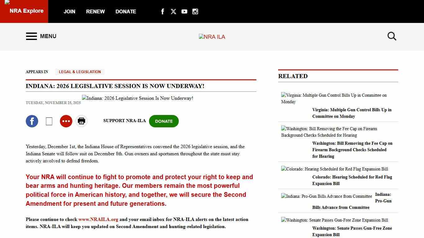 NRA-ILA Indiana: 2026 Legislative Session Is Now Underway!